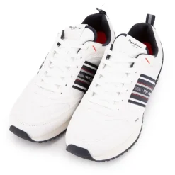 Baskets blanches à lacets avec bandes bleu touche de rouge marine Homme PEPE JEANS