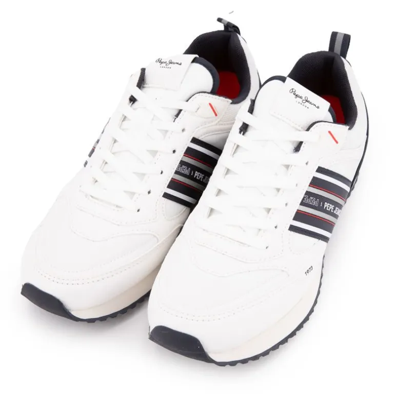 Baskets blanches à lacets avec bandes bleu touche de rouge marine Homme PEPE JEANS