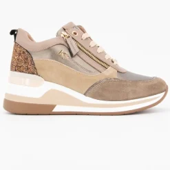 Baskets compensées à sequins cuir zip dorée avec lacets Femme KEYS