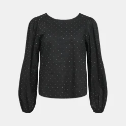 Blouse à pois coton col rond noir Femme OBJECT