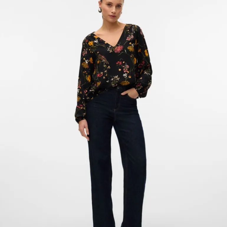 Blouse col V easy joy blackà fleurs Femme VERO MODA