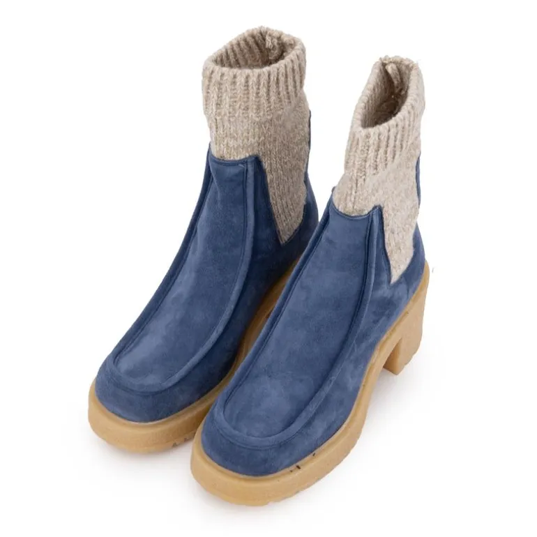 Bottines chaussettes en cuir effet daim bleu Femme URBAN