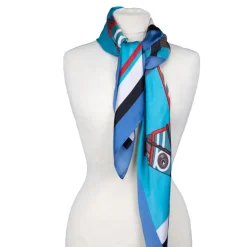 Carré toucher soie nuances de bleus imprimé cheval 90x90cm TORRENTE