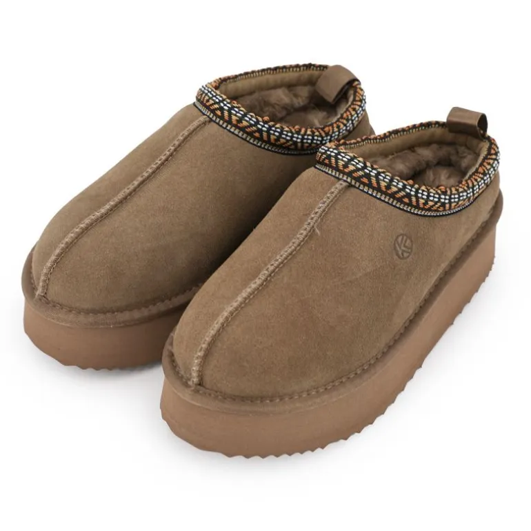 Chaussons en cuir effet daim fourrés liseré cheville Femme KELARA