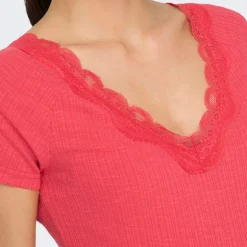 Haut manches courtes Lennie rouges dentelle décolleté Femme ONLY