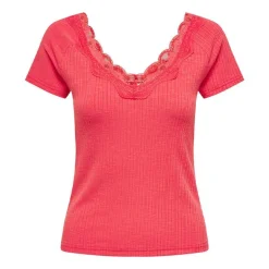 Haut manches courtes Lennie rouges dentelle décolleté Femme ONLY