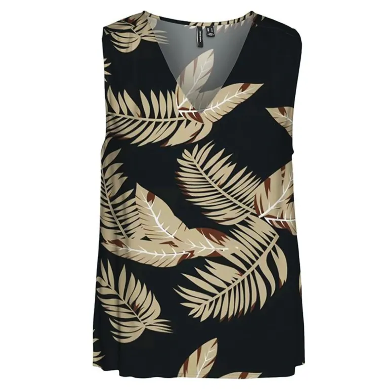 Haut noir sans manches col v imprimé à feuilles Femme VERO MODA