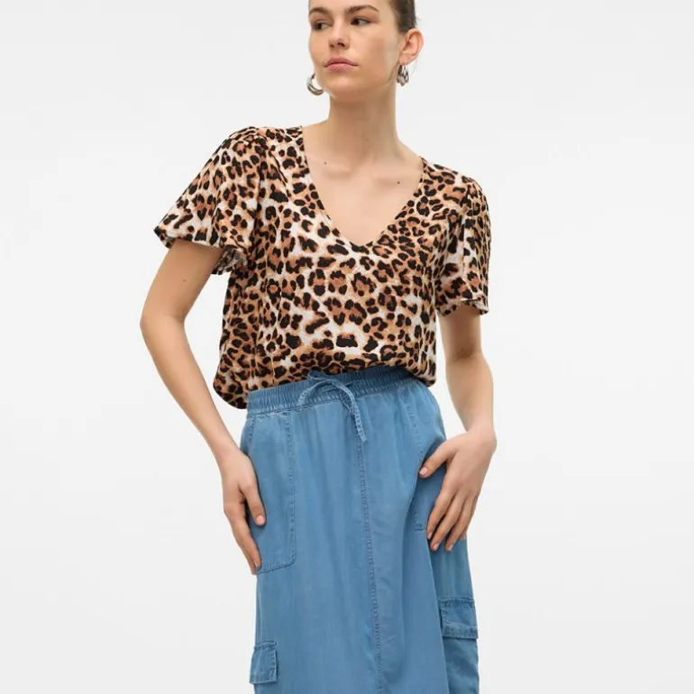 Haut tan à motif léopard manches courtes Femme VERO MODA
