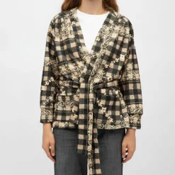 Kimono vert sapin dalida à carreaux et fleurs Femme HOLLY AND JOEY