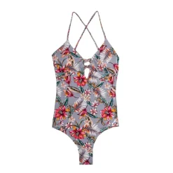 Maillot de bain 1 pièce gris fleurs Femme HAUTE PRESSION