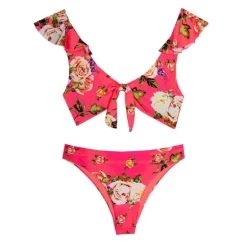 Maillot de bain 2 pièces fleuri rose haut à volants Femme HAUTE PRESSION