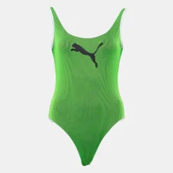 Maillot de bain une pièce à rayures vert fluo logo noir Femme PUMA