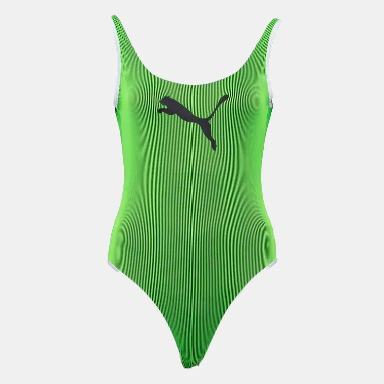 Maillot de bain une pièce à rayures vert fluo logo noir Femme PUMA