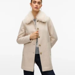 Manteau autumn oat meal col fausse fourrure Femme VERO MODA