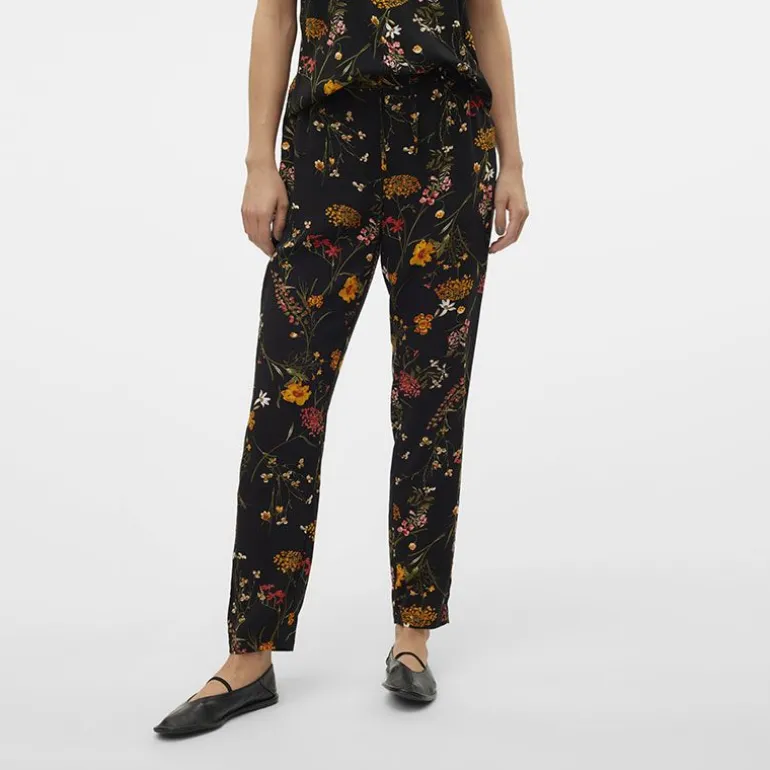 Pantalon carotte noir imprimé à fleurs colorées Femme VERO MODA