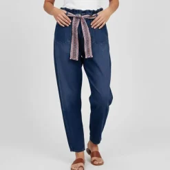 Pantalon jean foncé avec ceinture tissée style ethnique Femme PLEASE
