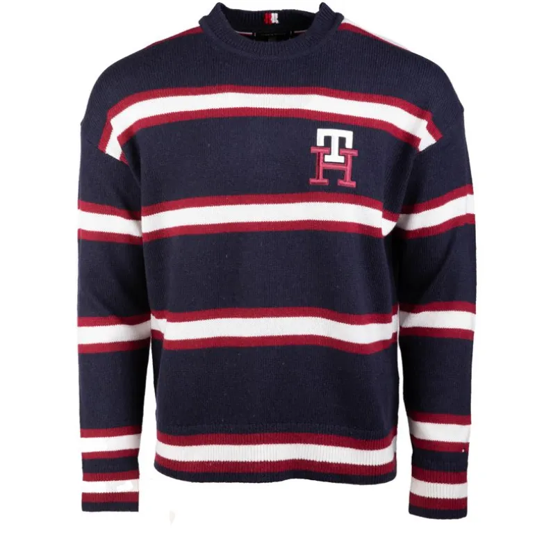 Pull à rayures blanches logo écusson maille fine Homme TOMMY HILFIGER