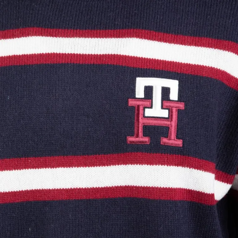 Pull à rayures blanches logo écusson maille fine Homme TOMMY HILFIGER