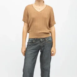 Pull ajusté manches courtes marron clair Femme DEELUXE 74
