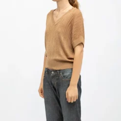 Pull ajusté manches courtes marron clair Femme DEELUXE 74
