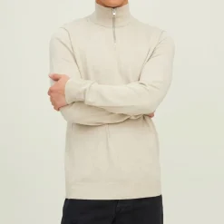 Pull col haut zippé tissu crocheté souple coton Homme JACK & JONES