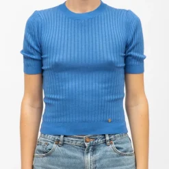 Pull cotelé bleu sofiana manches courtes Femme LA PETITE ETOILE