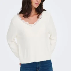 Pull maille piumo col v à dentelle Femme ONLY