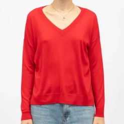 Pull melya col V rouge maille fine manches longues Femme LA PETITE ETOILE