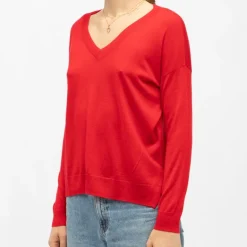 Pull melya col V rouge maille fine manches longues Femme LA PETITE ETOILE