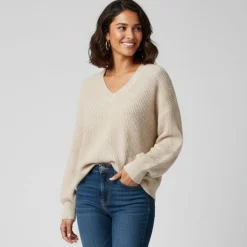 Pull zia vert gris col V manches longues Femme VERO MODA