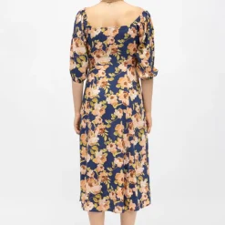 Robe bleue foncé à fleurs retro roxie col carré Femme LA PETITE ETOILE