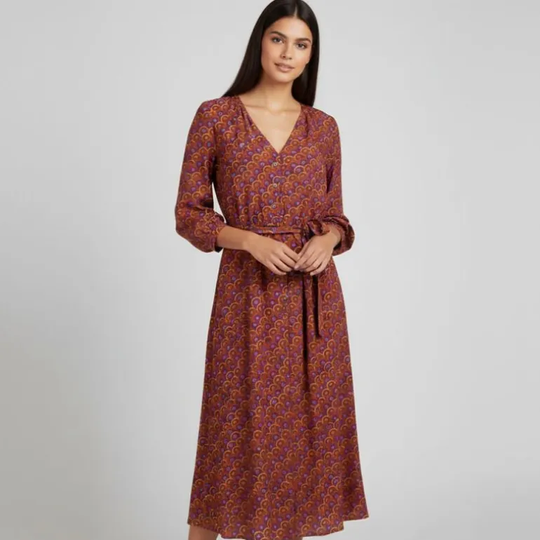 Robe longue ceinturée col V bouton poitrine yazzi brown Femme LA PETITE ETOILE