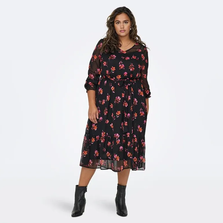 Robe longue noire à fleurs mi transparent Femme ONLY CARMAKOMA
