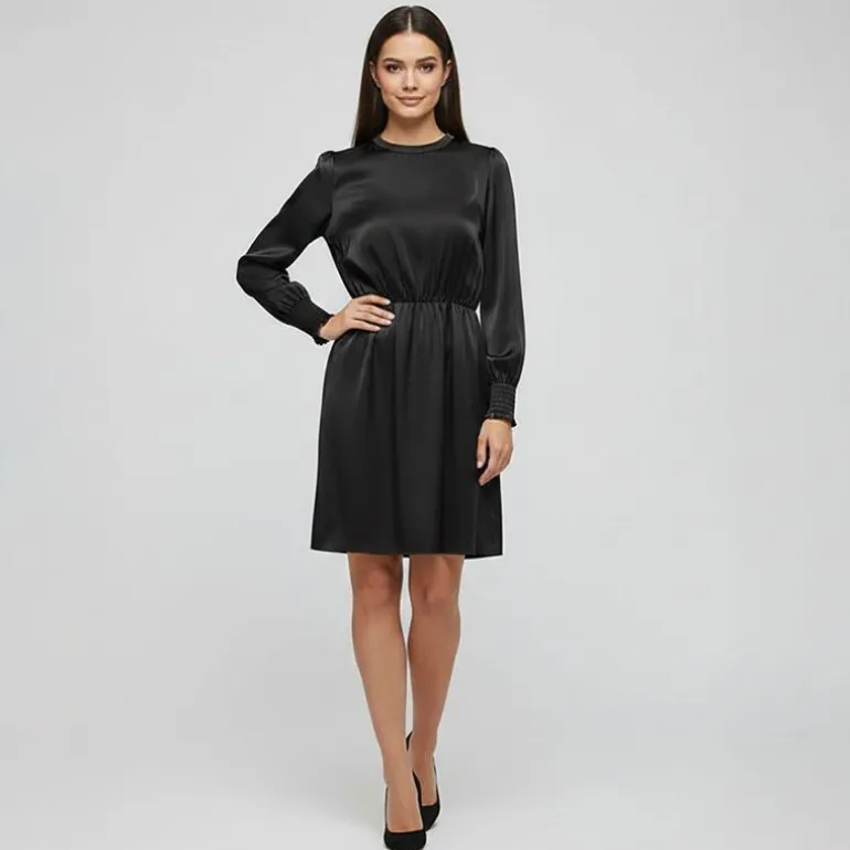 Robe manches longues cocktail noire satinée Femme ONLY