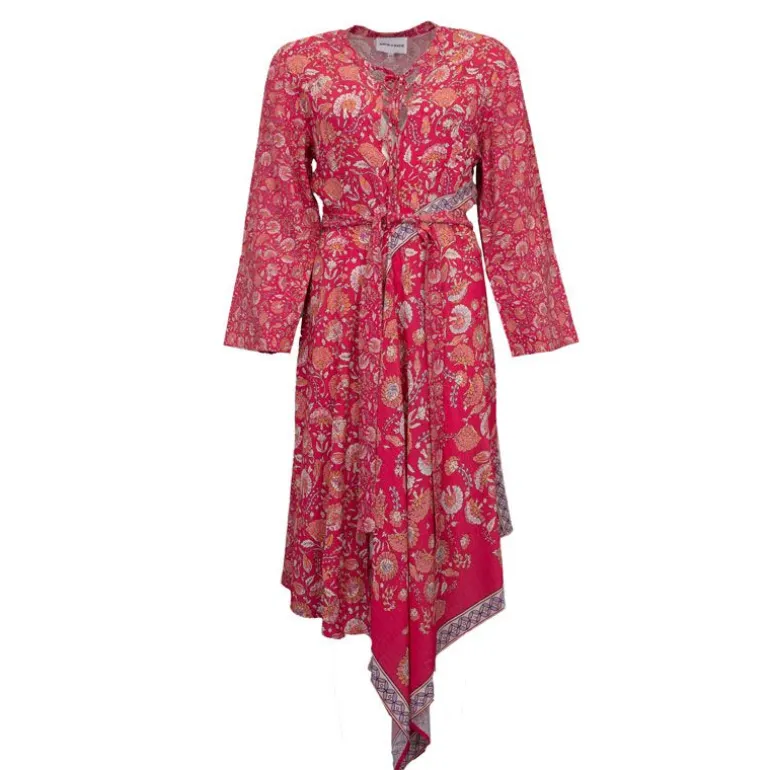 Robe mi longue asymétrique dandy imprimé fleuri fuschia Femme ANTIK BATIK