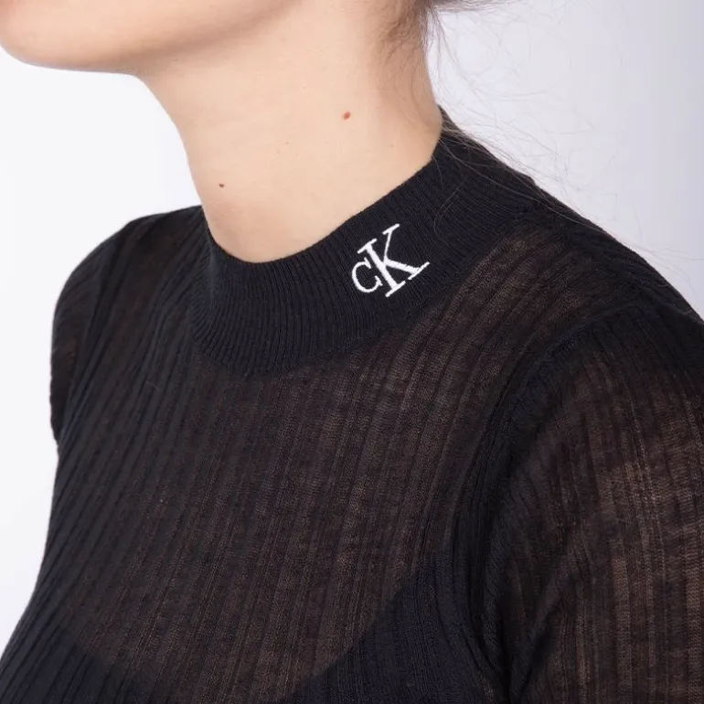 Robe moulante courte maille fine doublure col montant noire Femme CALVIN KLEIN