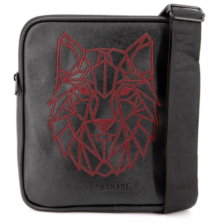 Sacoche similicuir texturé avec broderie rouge loup safiano 22x25x2cm Homme BILL TORNADE