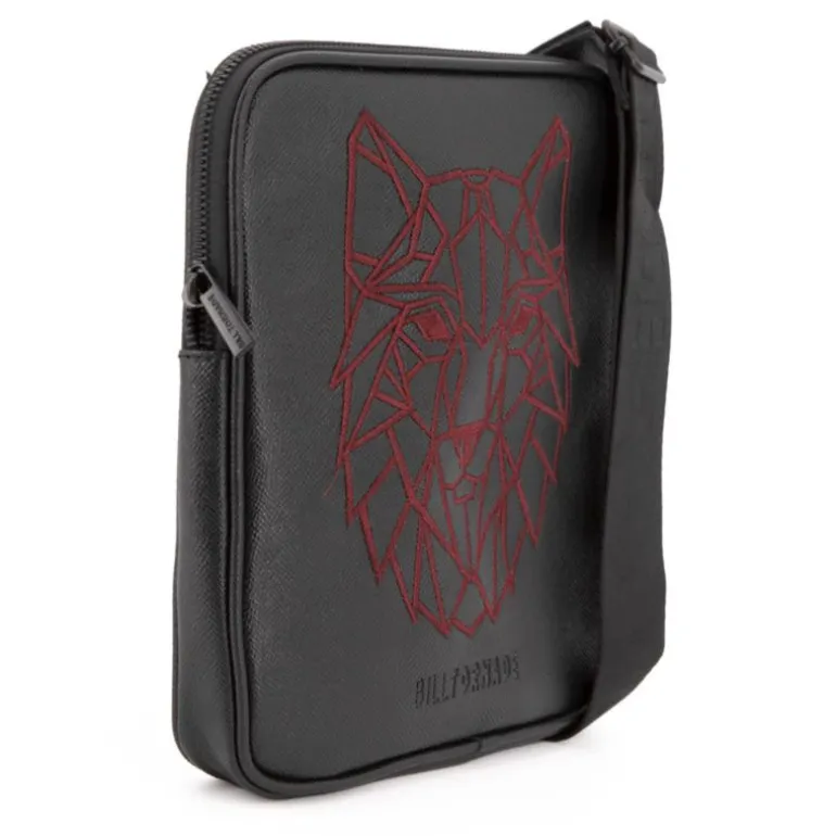 Sacoche similicuir texturé avec broderie rouge loup safiano 22x25x2cm Homme BILL TORNADE