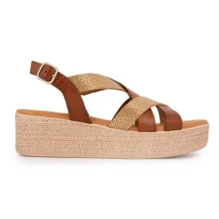 Sandales compensées cuir gold imprimé croco Femme BIOSTOCK