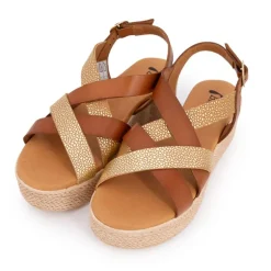 Sandales compensées cuir gold imprimé croco Femme BIOSTOCK