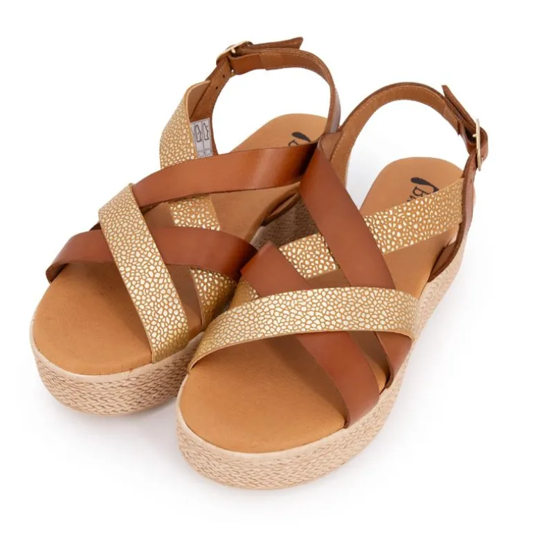 Sandales compensées cuir gold imprimé croco Femme BIOSTOCK