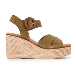 Sandales compensées kaki cuir military boucle bois Femme BIOSTOCK