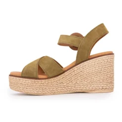 Sandales compensées kaki cuir military boucle bois Femme BIOSTOCK