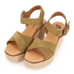 Sandales compensées kaki cuir military boucle bois Femme BIOSTOCK