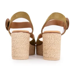 Sandales compensées kaki cuir military boucle bois Femme BIOSTOCK