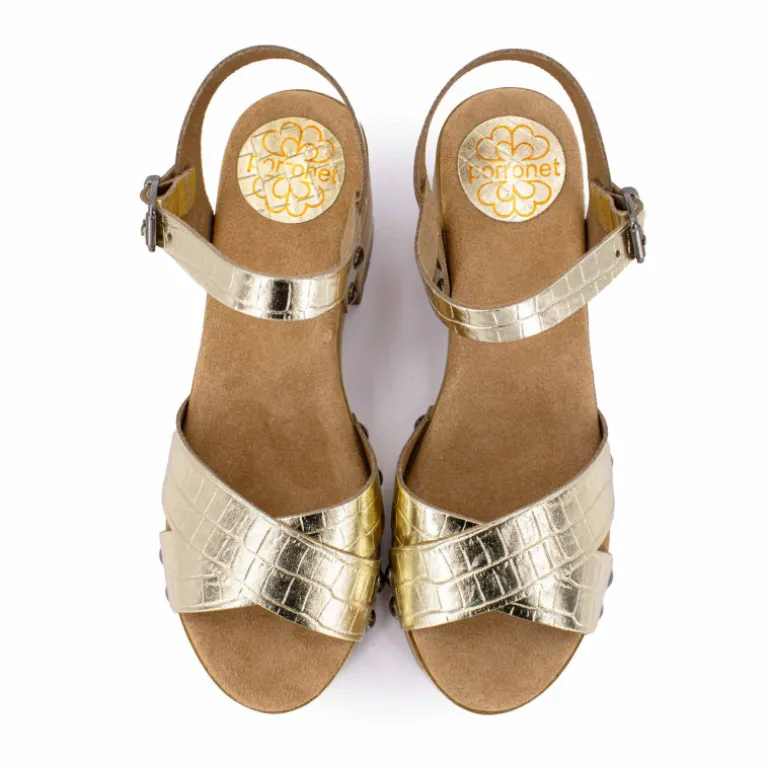 Sandales cuir croco brillant avec boucle talons effet bois Femme PORRONET