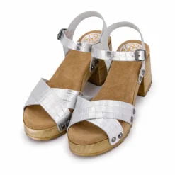 Sandales cuir croco brillant avec boucle talons effet bois Femme PORRONET