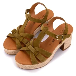 Sandales cuir kaki serraje avec talon compensé Femme CARLA TORTOSA