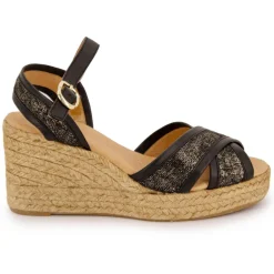 Sandales mordorées noires double bride compensées Femme PINAZ