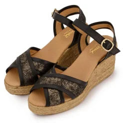 Sandales mordorées noires double bride compensées Femme PINAZ